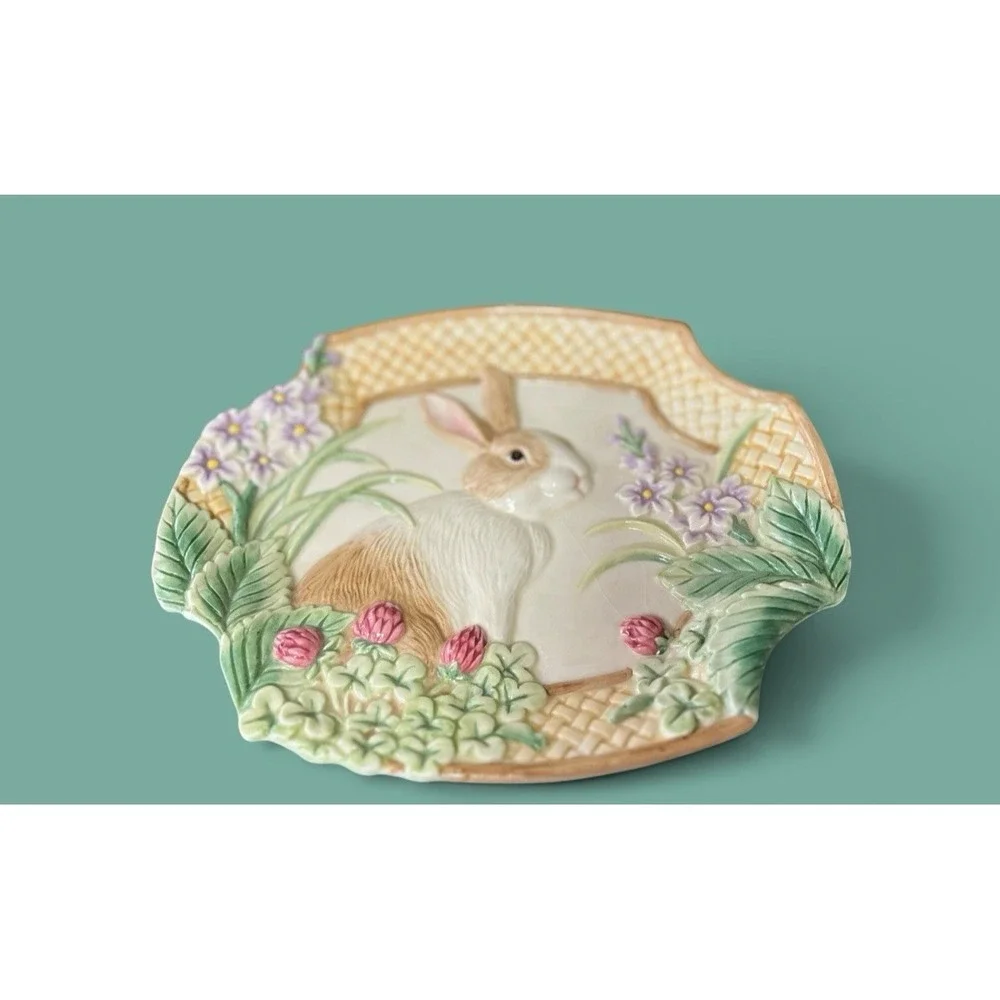 Fitz & Floyd Essentials Botanical Bunny Rabbit Canape Plate Dish Bowl Embossed